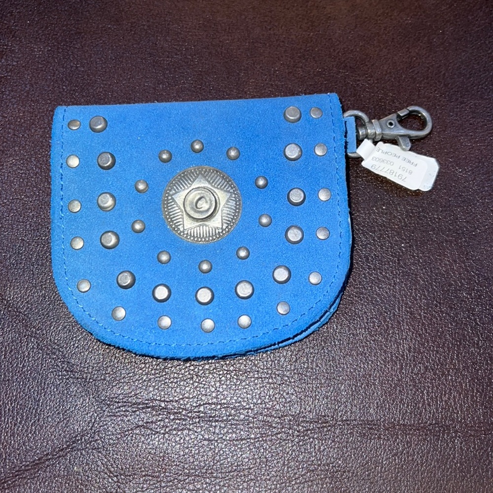 Free people studded clip on Wallet in the color, blue suede texture NWT